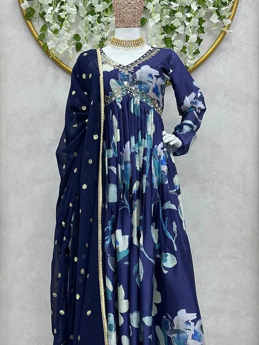 Blue Aliya Cut Dress With Real Mirror Work