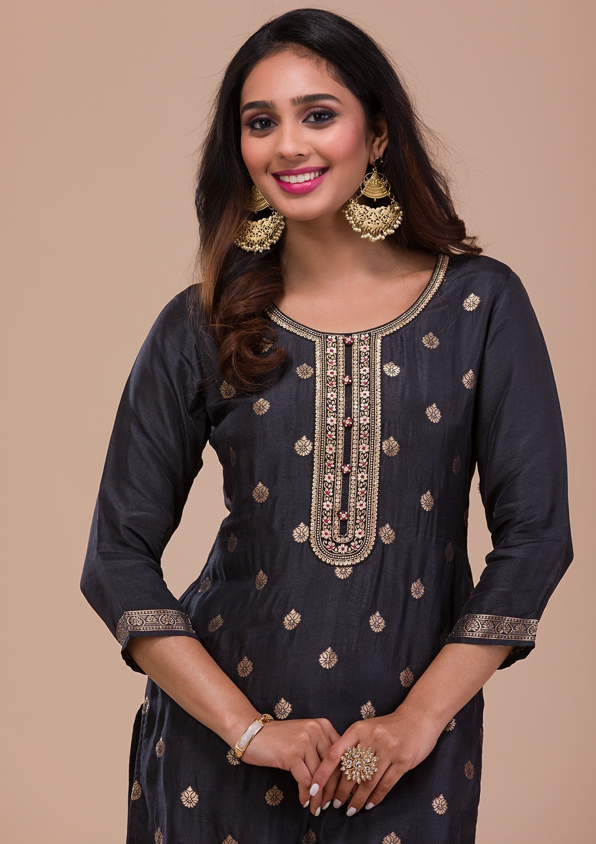 Black Zariwork Art Silk Readymade Salwar Suit