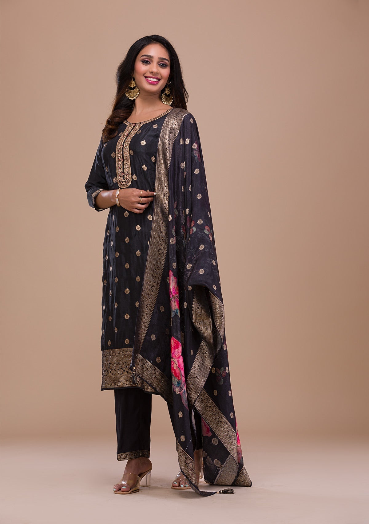 Black Zariwork Art Silk Readymade Salwar Suit