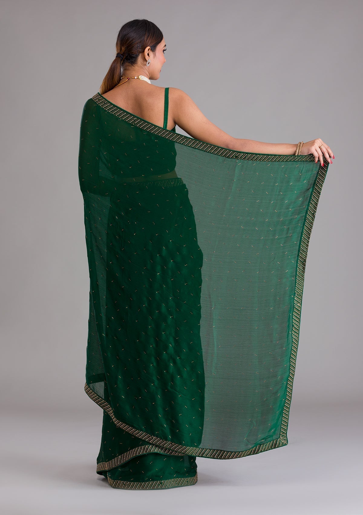 Bottle Green Swarovski Semi Crepe Designer Saree