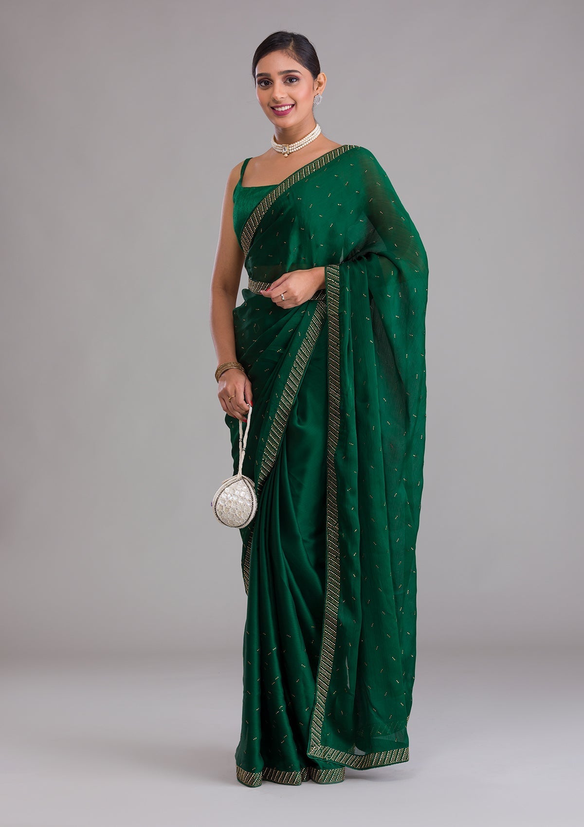 Bottle Green Swarovski Semi Crepe Designer Saree