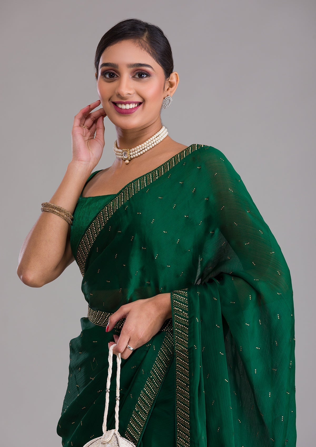 Bottle Green Swarovski Semi Crepe Designer Saree