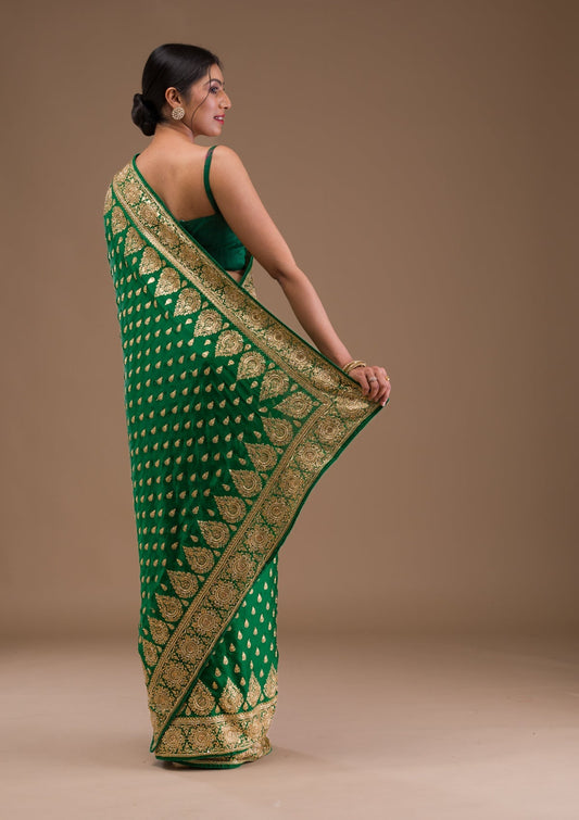 Bottle Green Zardosi Crepe Saree