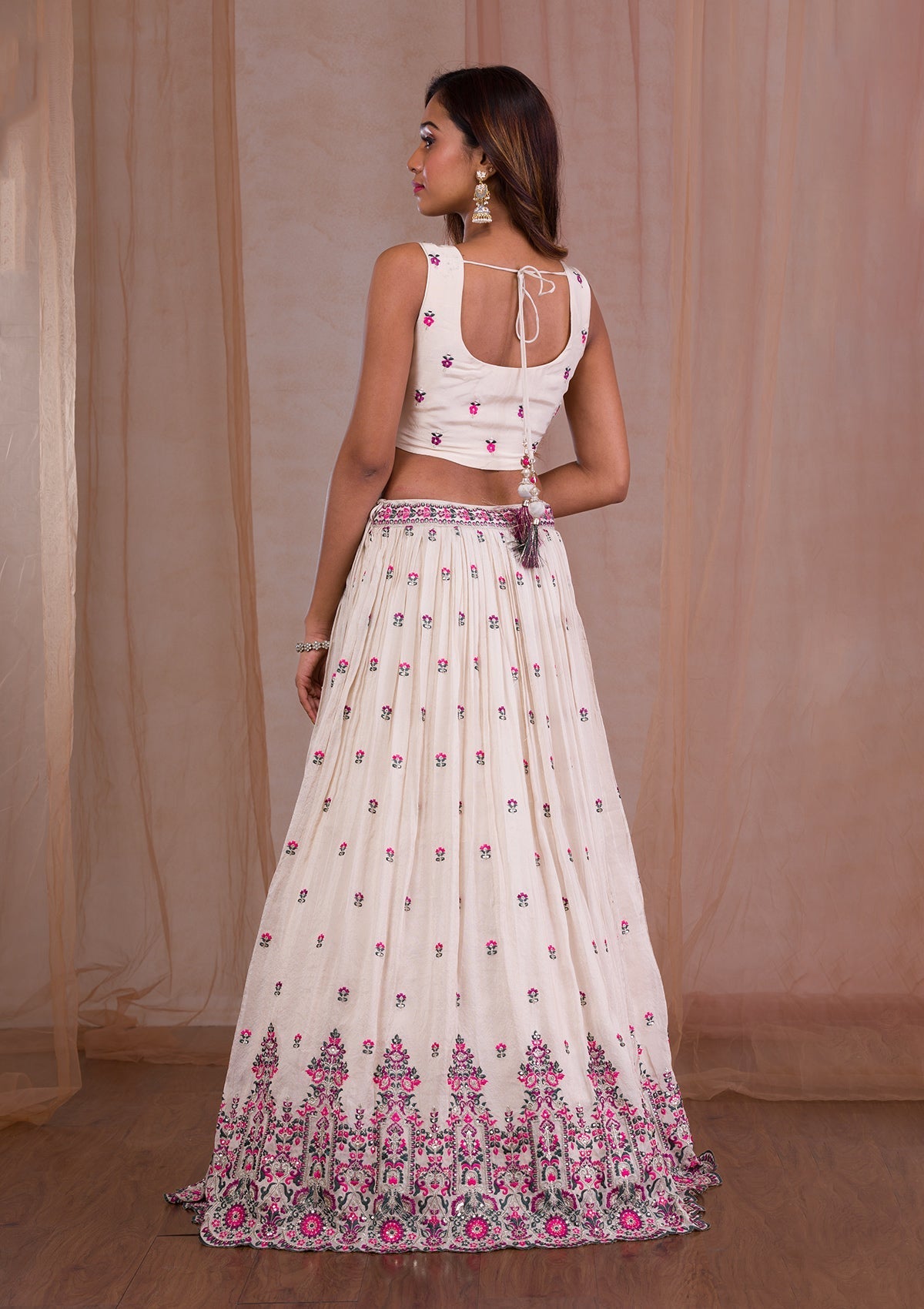 Cream Threadwork Semi Crepe Readymade Lehenga