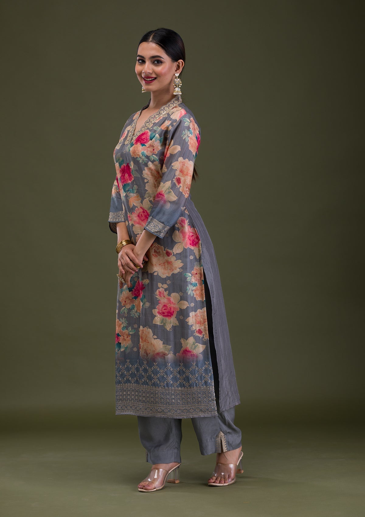 Grey Printed Semi Crepe Readymade Salwar Suit