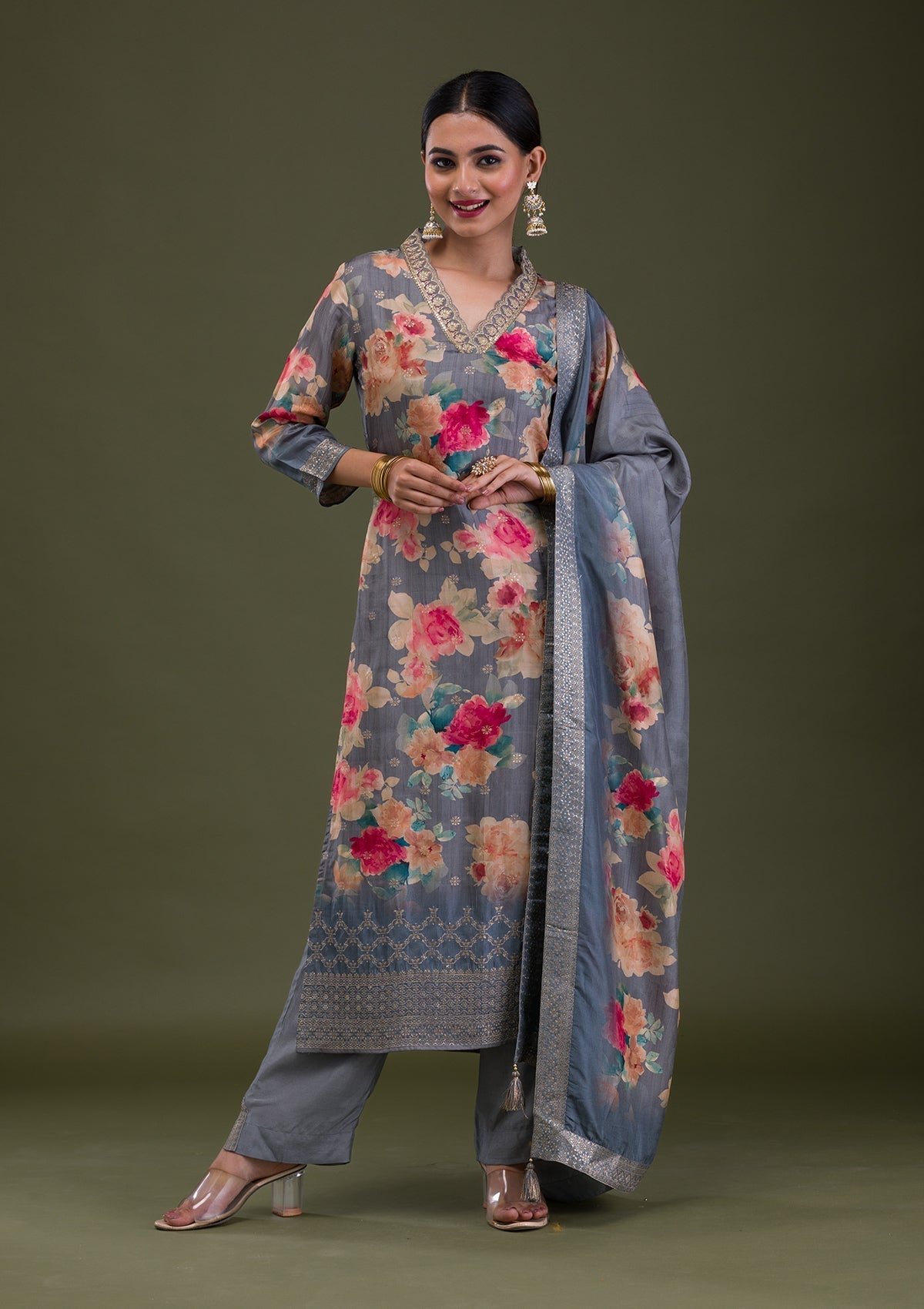 Grey Printed Semi Crepe Readymade Salwar Suit