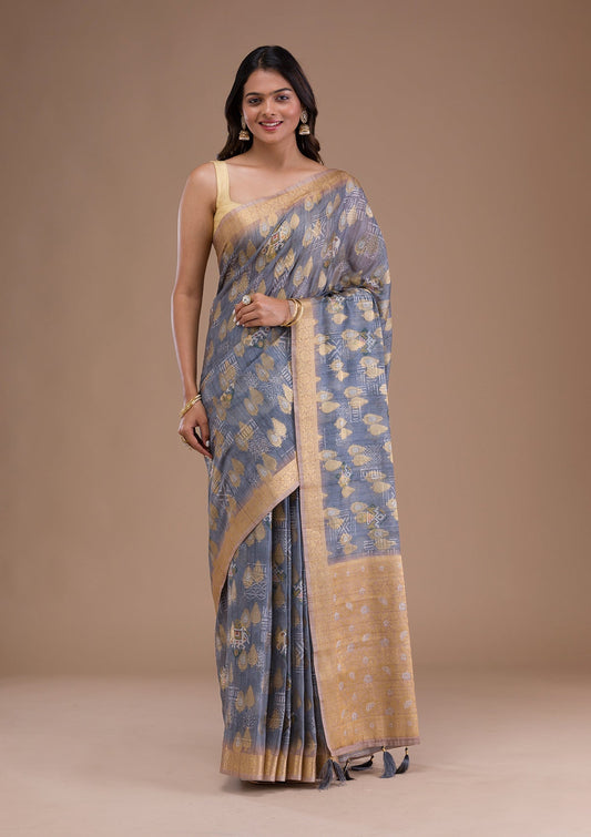 Grey Printed Tissue Saree