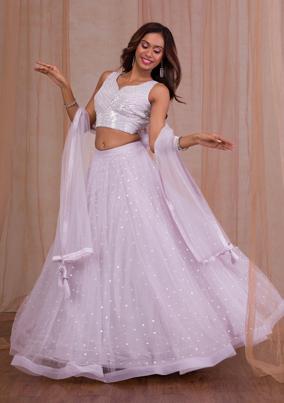 Lavender Sequins Net Readymade Lehenga