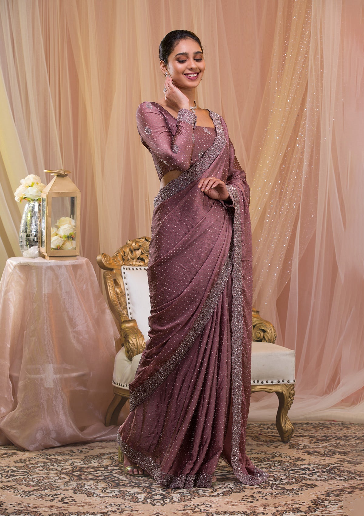 Lavender Stonework Crepe Designer Saree