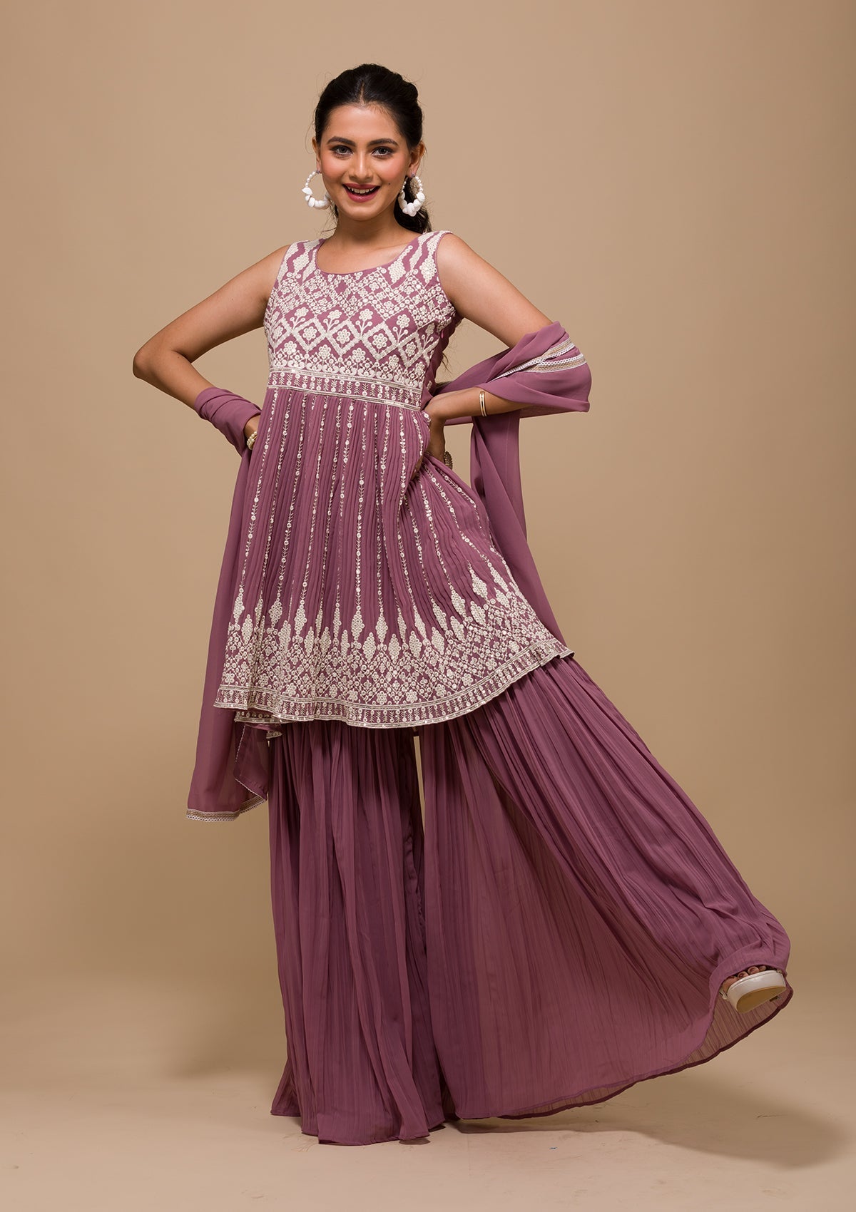 Mauve Threadwork Georgette Readymade Sharara Suit