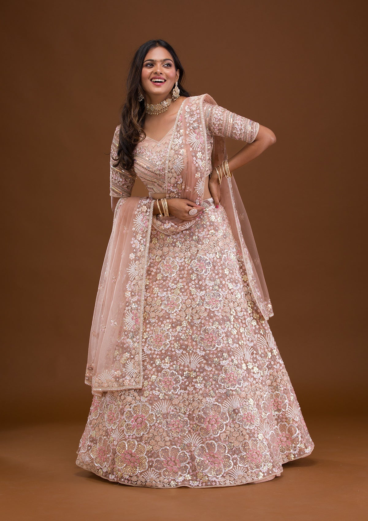 Mauve Threadwork Net Readymade Lehenga