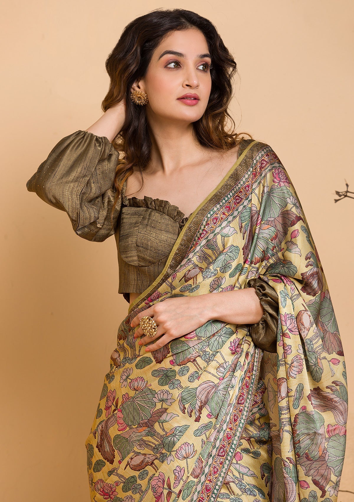 Lemon Yellow Floral Printed Semi Crepe Designer Saree