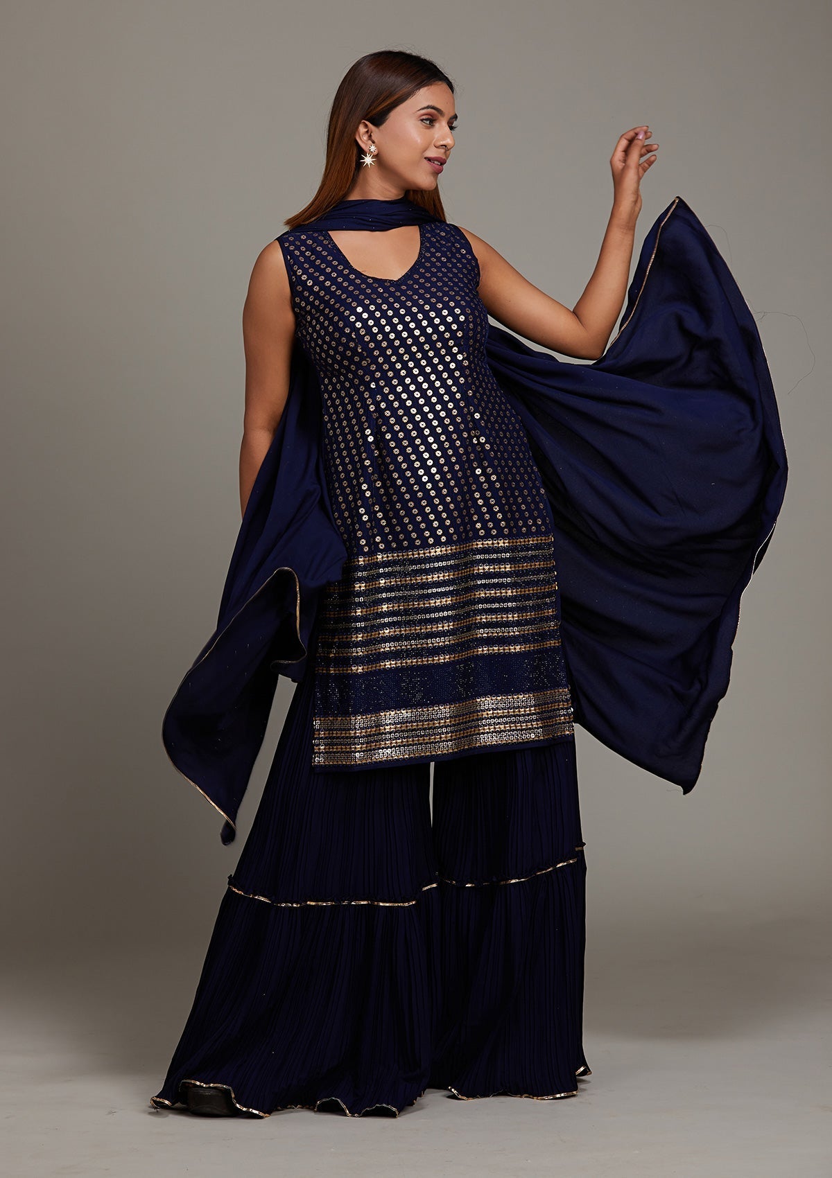 Navy Blue Sequins Semi Crepe Sharara Suit