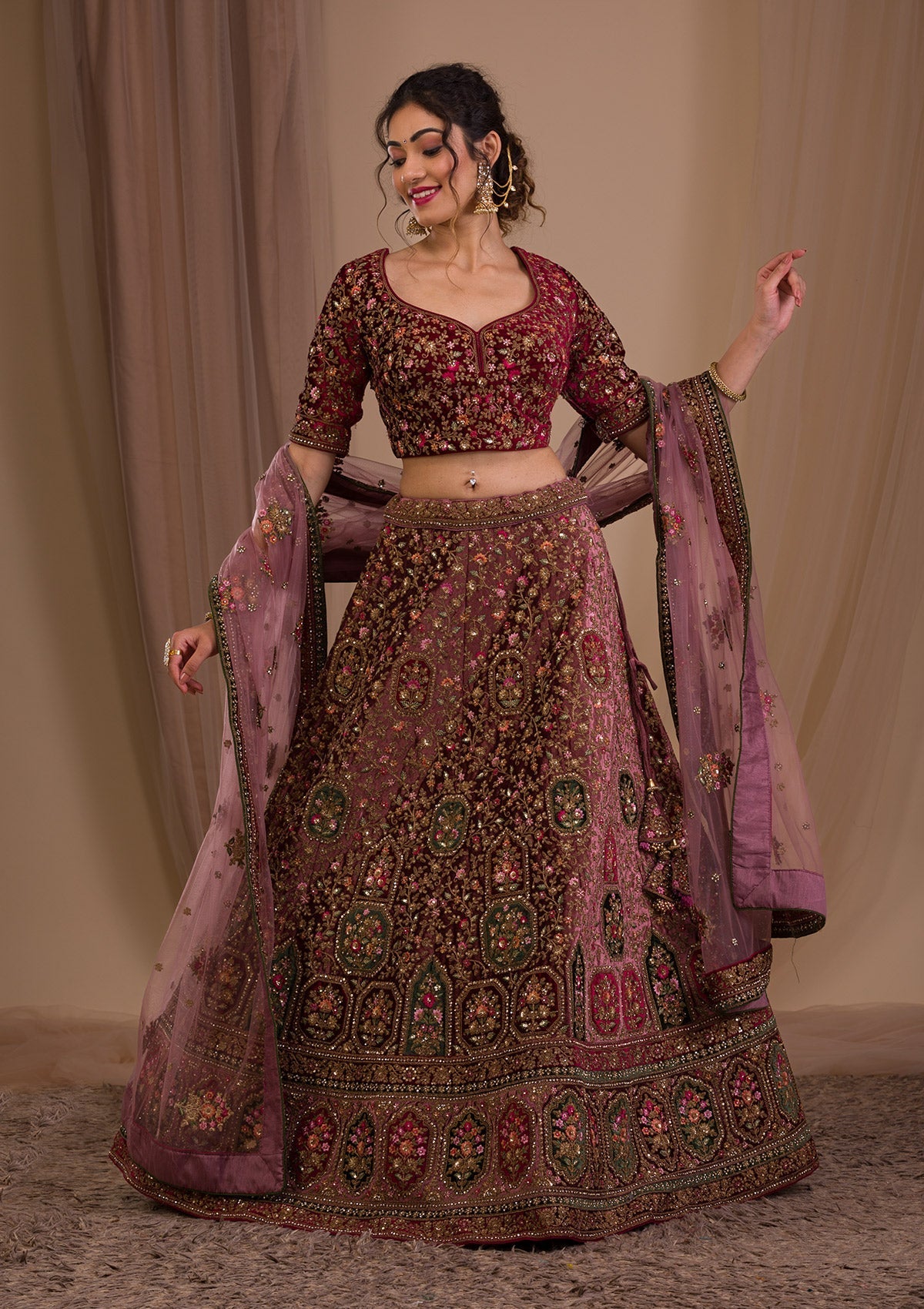 Onion Pink Zariwork Velvet Readymade Lehenga