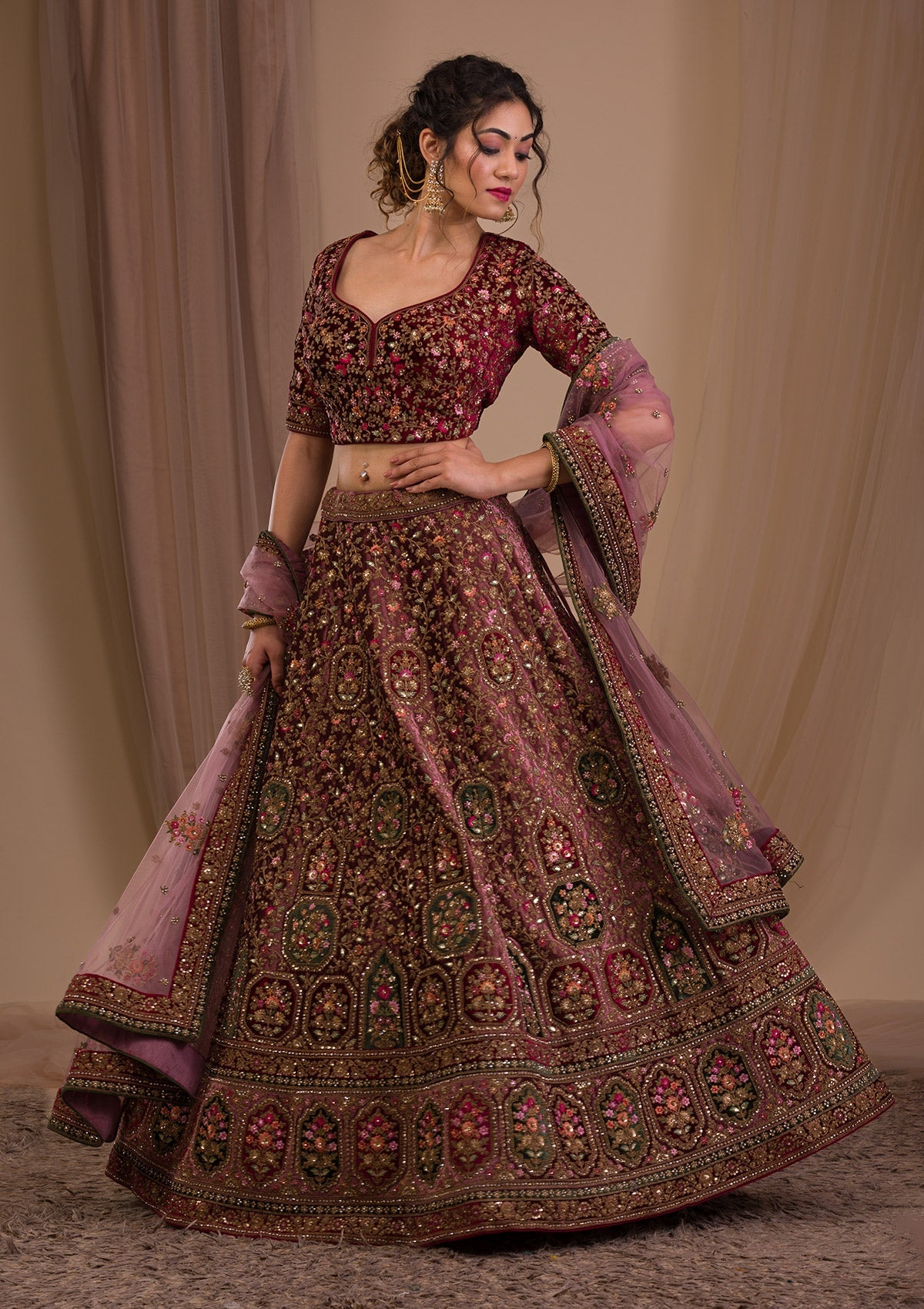 Onion Pink Zariwork Velvet Readymade Lehenga