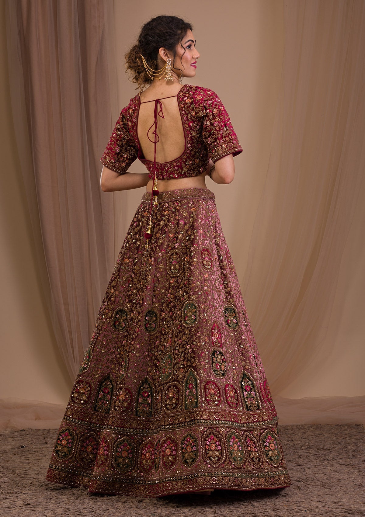 Onion Pink Zariwork Velvet Readymade Lehenga