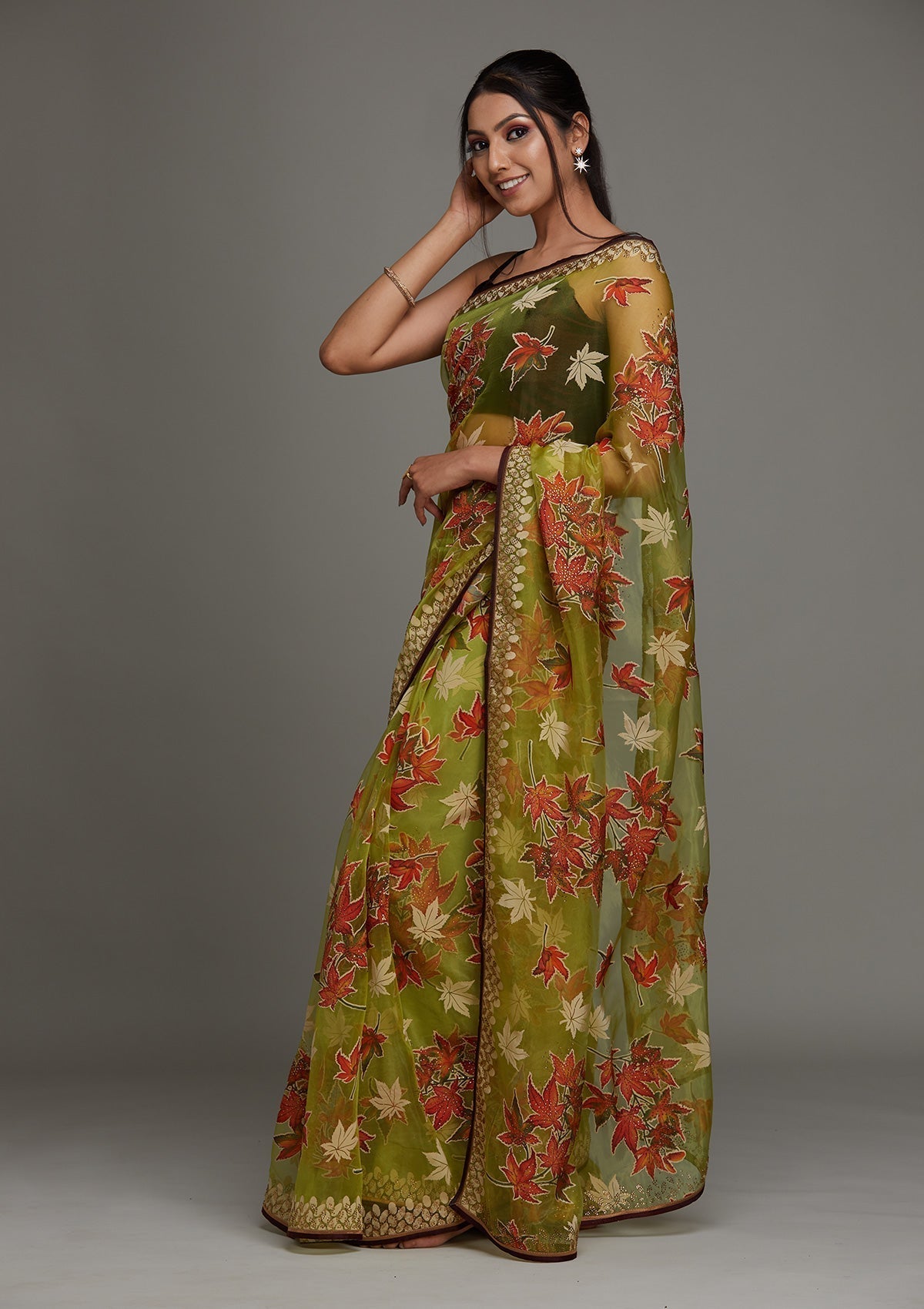 Parrot Green Printed Organza Designer Saree