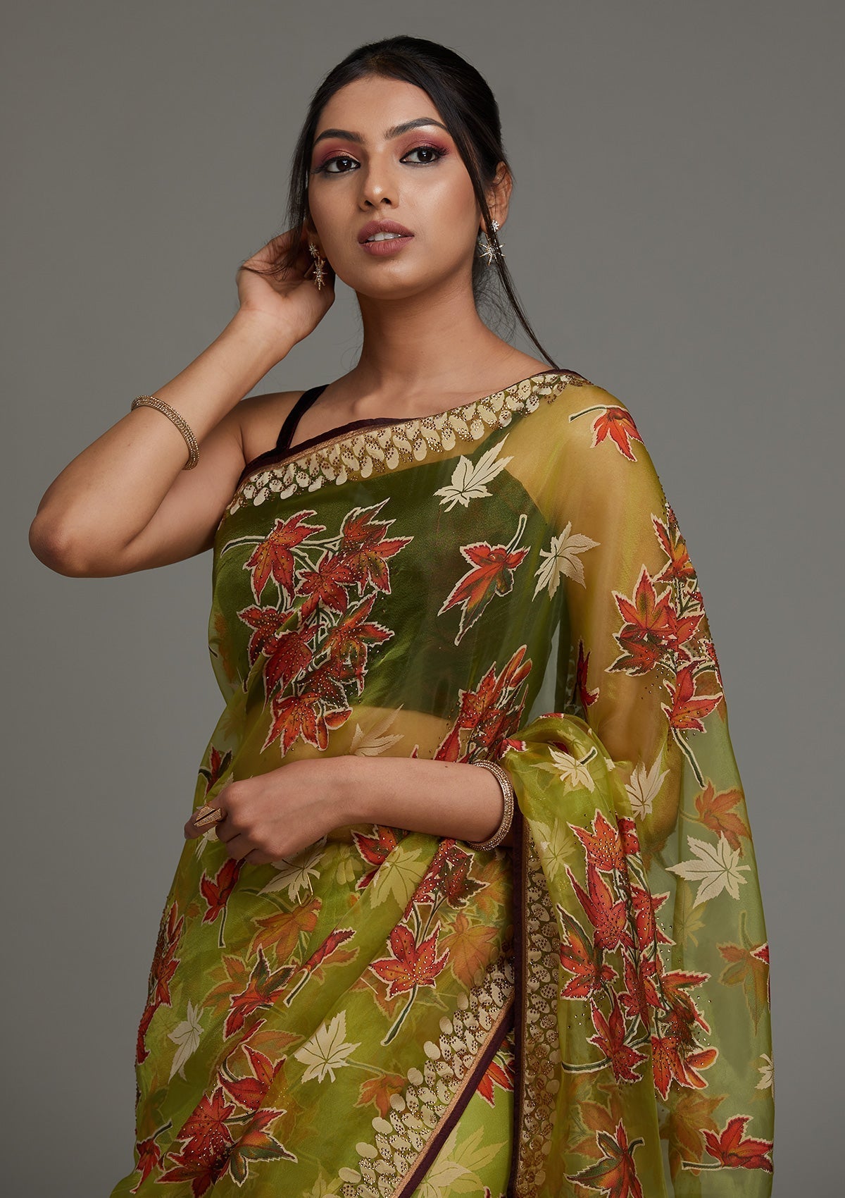 Parrot Green Printed Organza Designer Saree