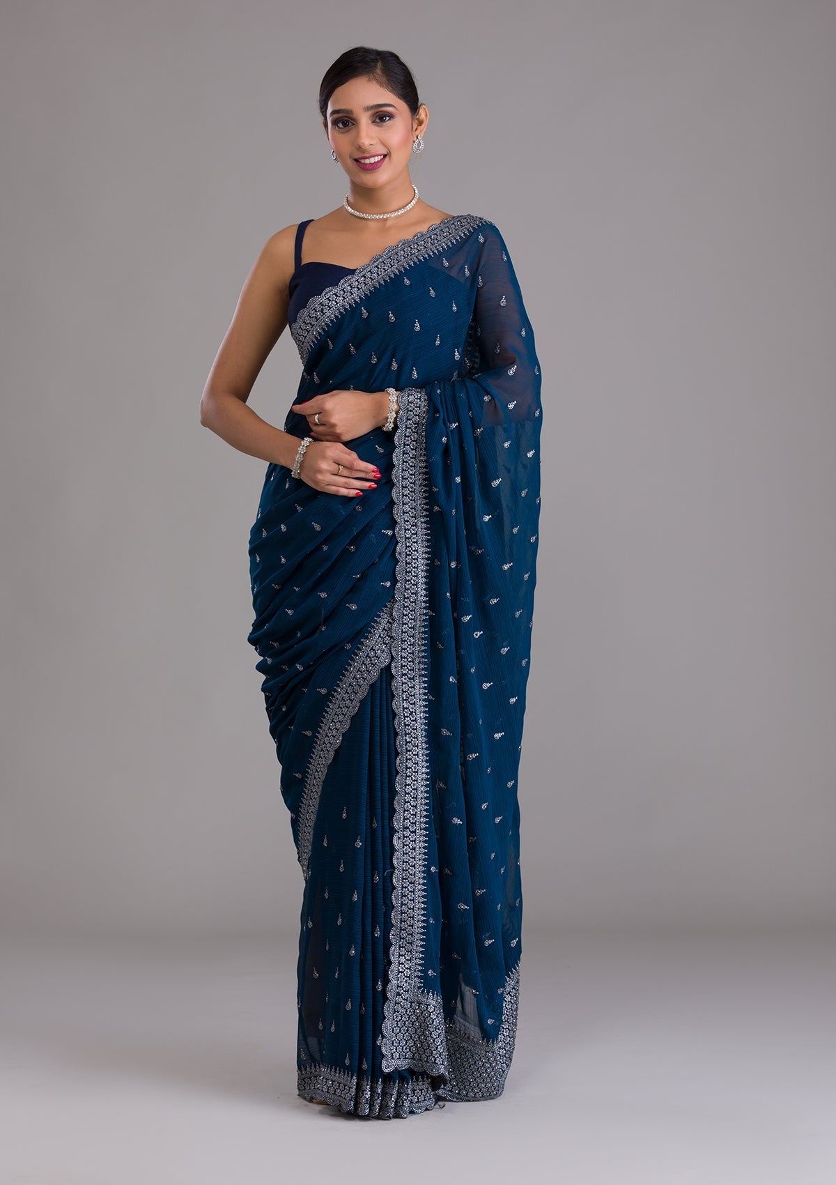 Peacock Blue Stonework Georgette Designer Saree