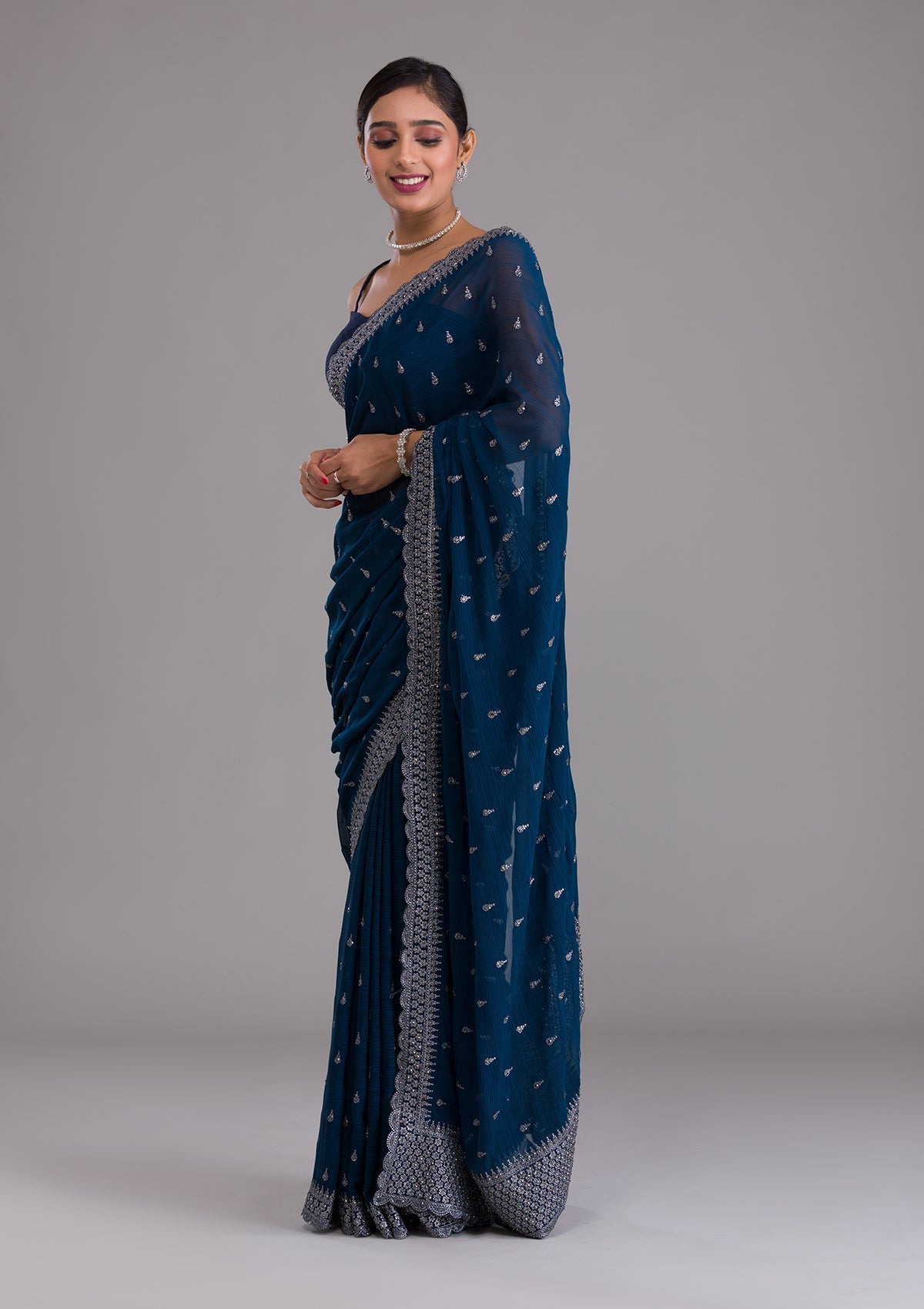 Peacock Blue Stonework Georgette Designer Saree