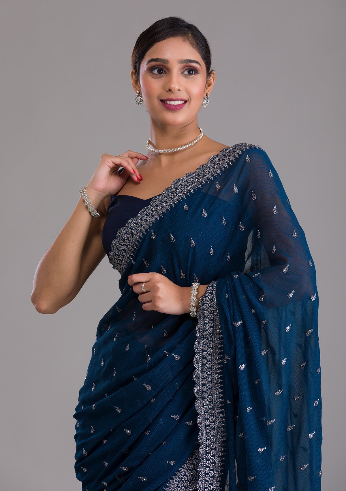 Peacock Blue Stonework Georgette Designer Saree