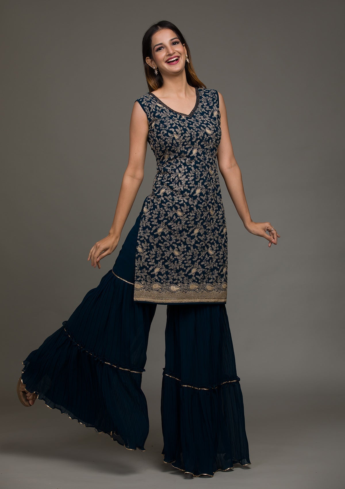 Peacock Blue Threadwork Georgette Salwar Suit