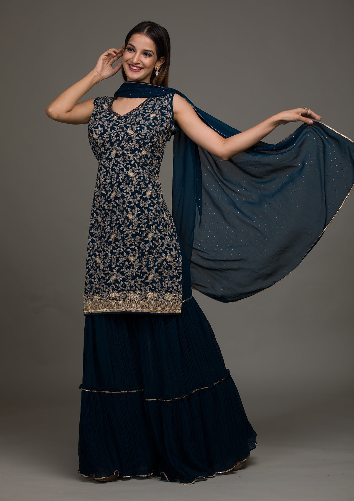 Peacock Blue Threadwork Georgette Salwar Suit