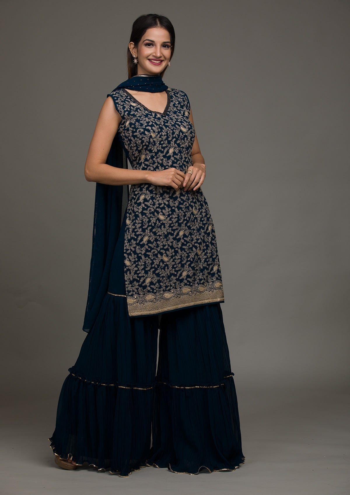 Peacock Blue Threadwork Georgette Salwar Suit