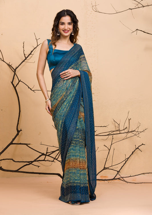 Peacock Blue Chiffon Designer Saree