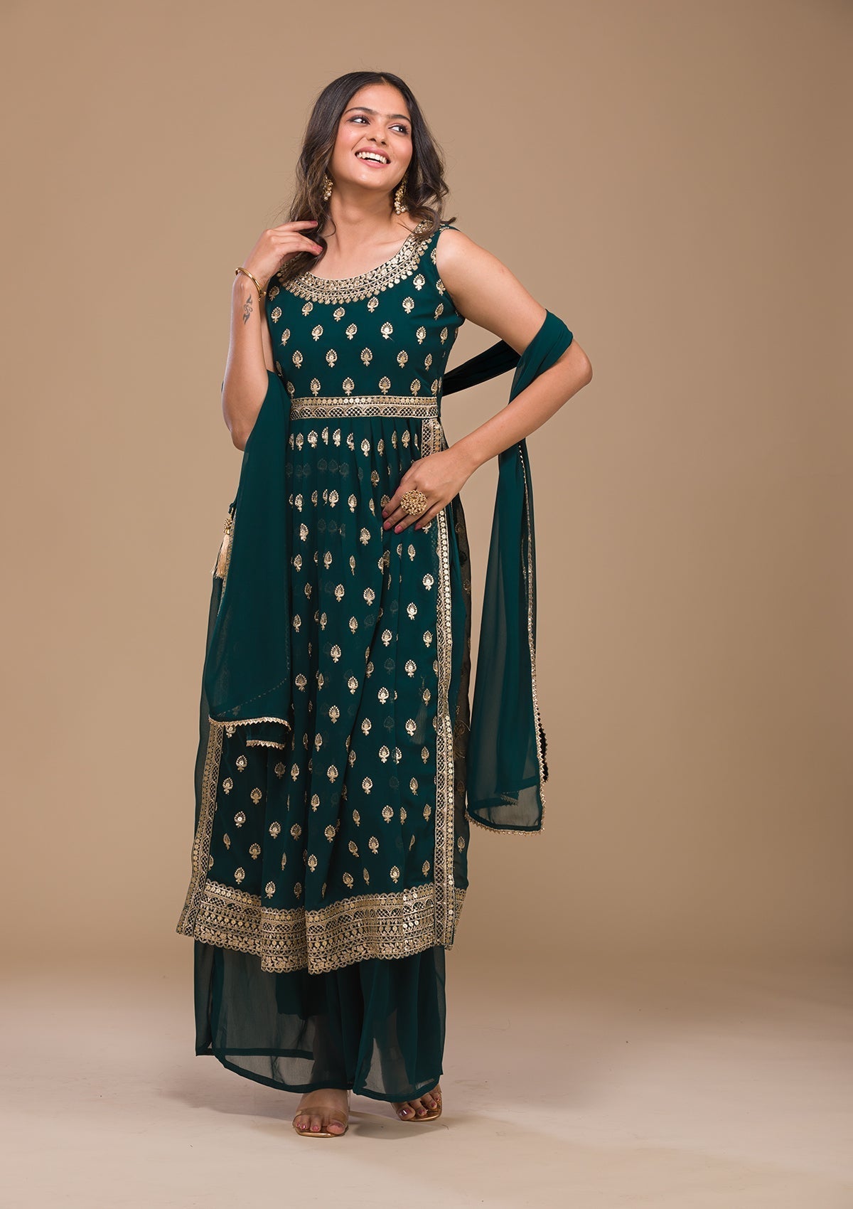 Peacock Blue Zariwork Georgette Readymade Salwar Suit