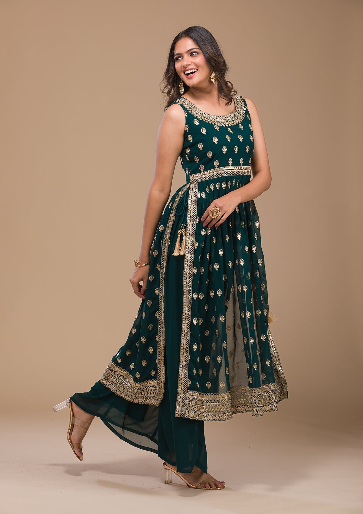 Peacock Blue Zariwork Georgette Readymade Salwar Suit