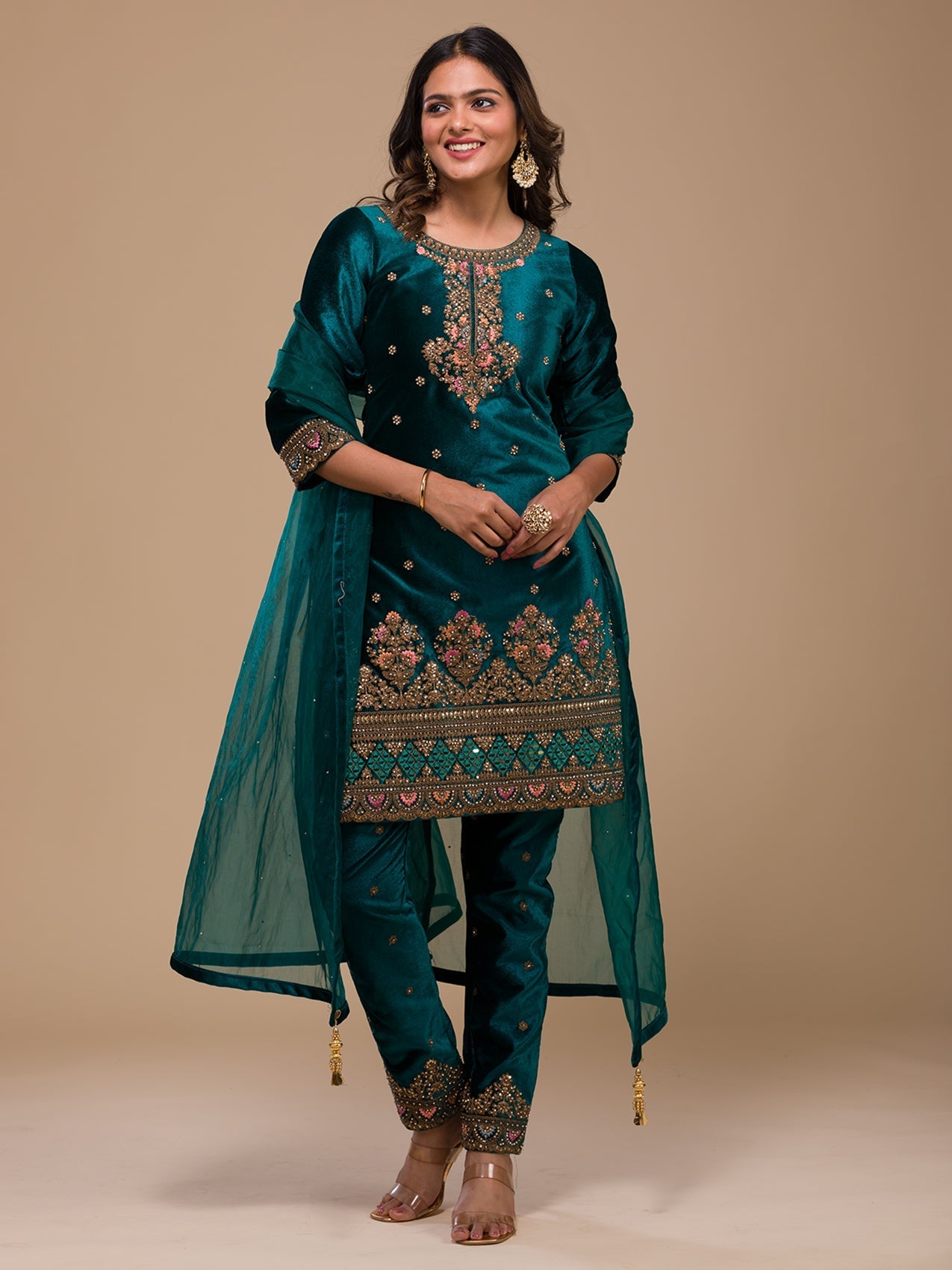 Peacock Blue Zariwork Velvet Readymade Salwar Suit