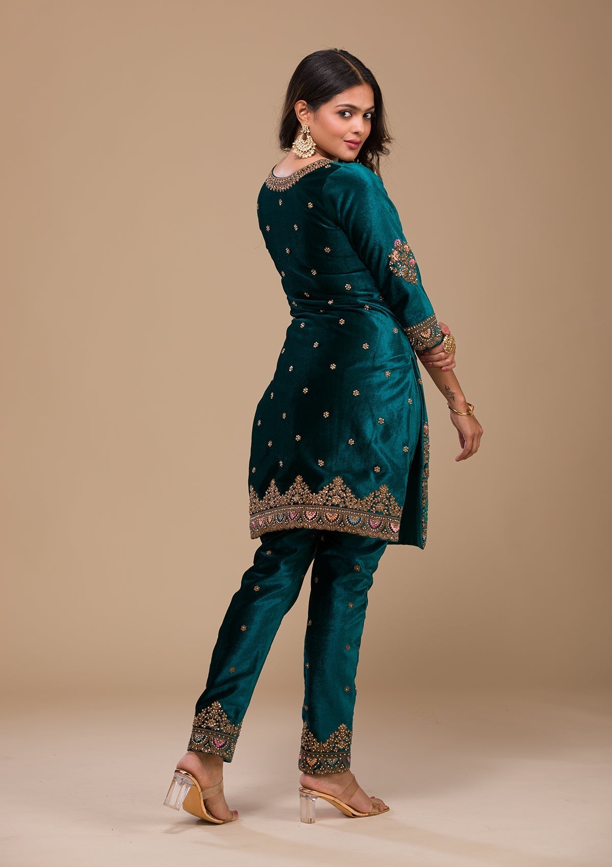 Peacock Blue Zariwork Velvet Readymade Salwar Suit