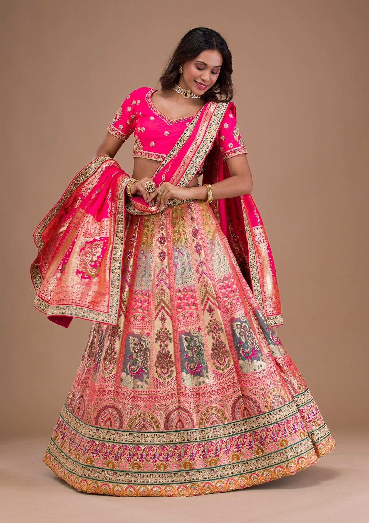 Pink Zariwork Banarasi Readymade Lehenga