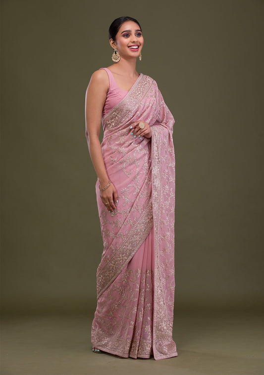 Pink Zariwork Georgette Saree