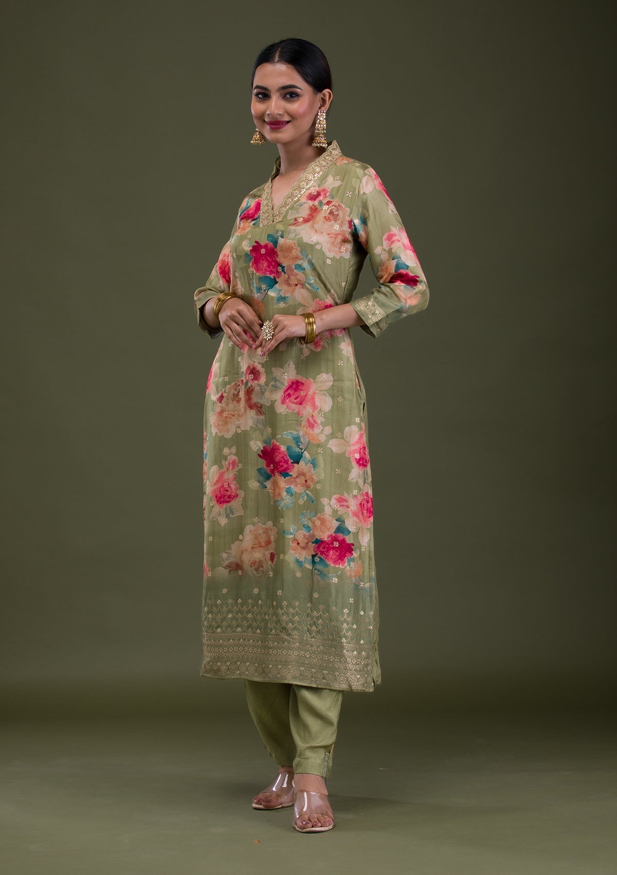 Pista Green Printed Semi Crepe Readymade Salwar Suit