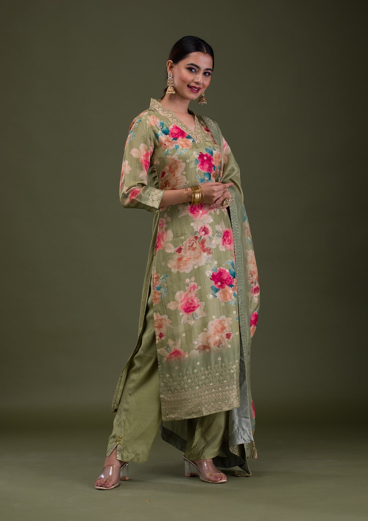 Pista Green Printed Semi Crepe Readymade Salwar Suit