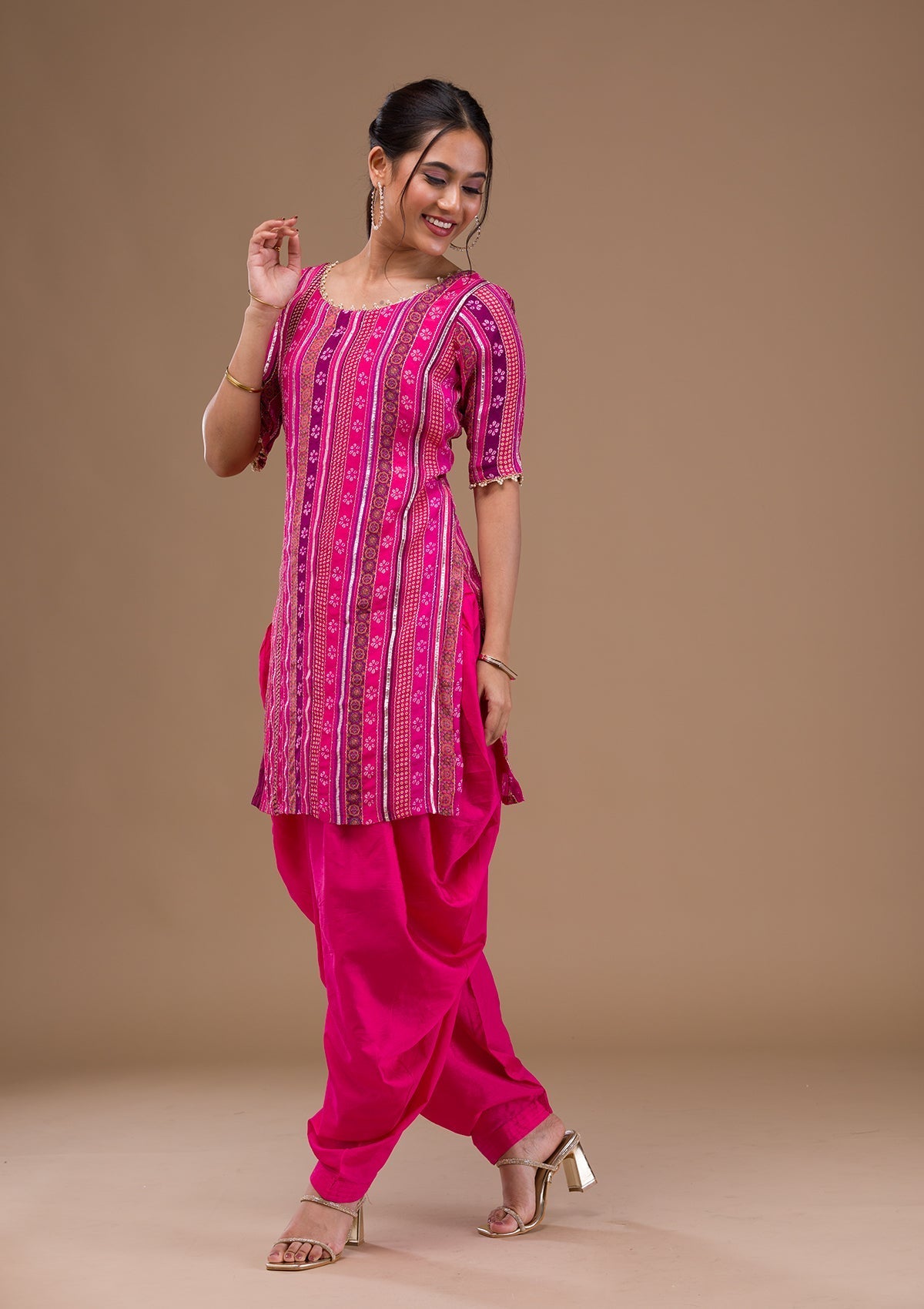 Rani Pink Zariwork Bandhini Readymade Salwar Suit