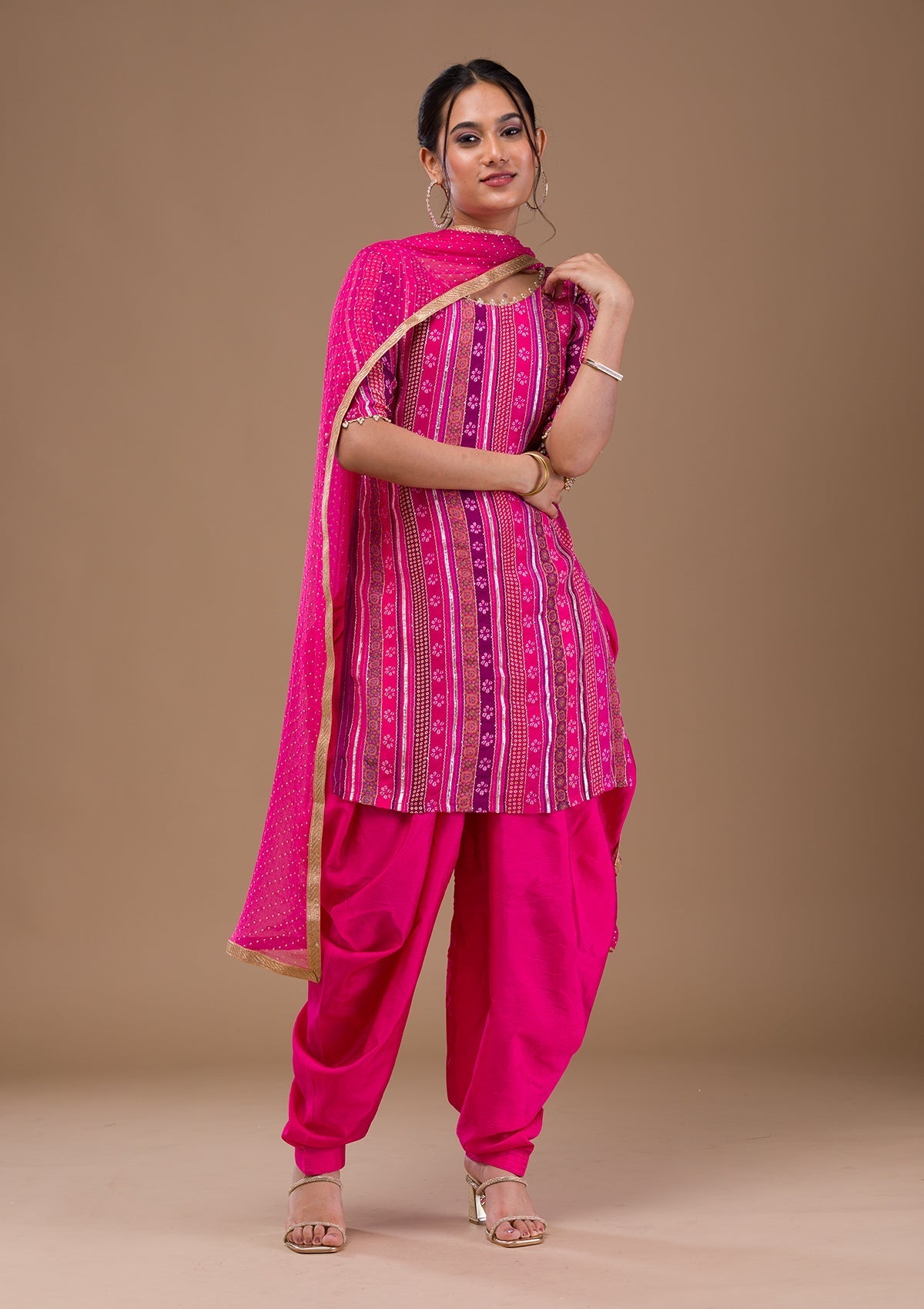 Rani Pink Zariwork Bandhini Readymade Salwar Suit