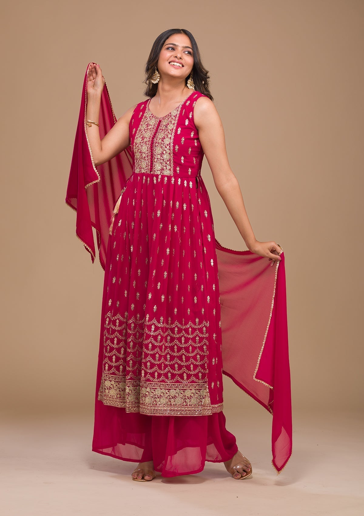 Rani Pink Zariwork Georgette Readymade Salwar Suit