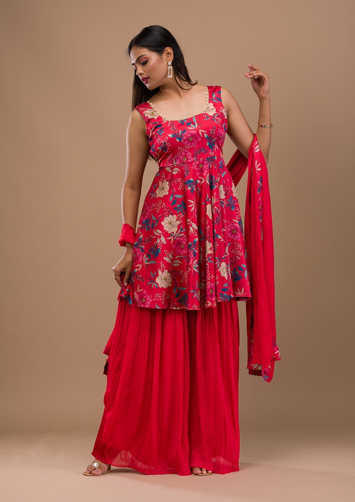 Red Printed Semi Crepe Readymade Sharara Suit