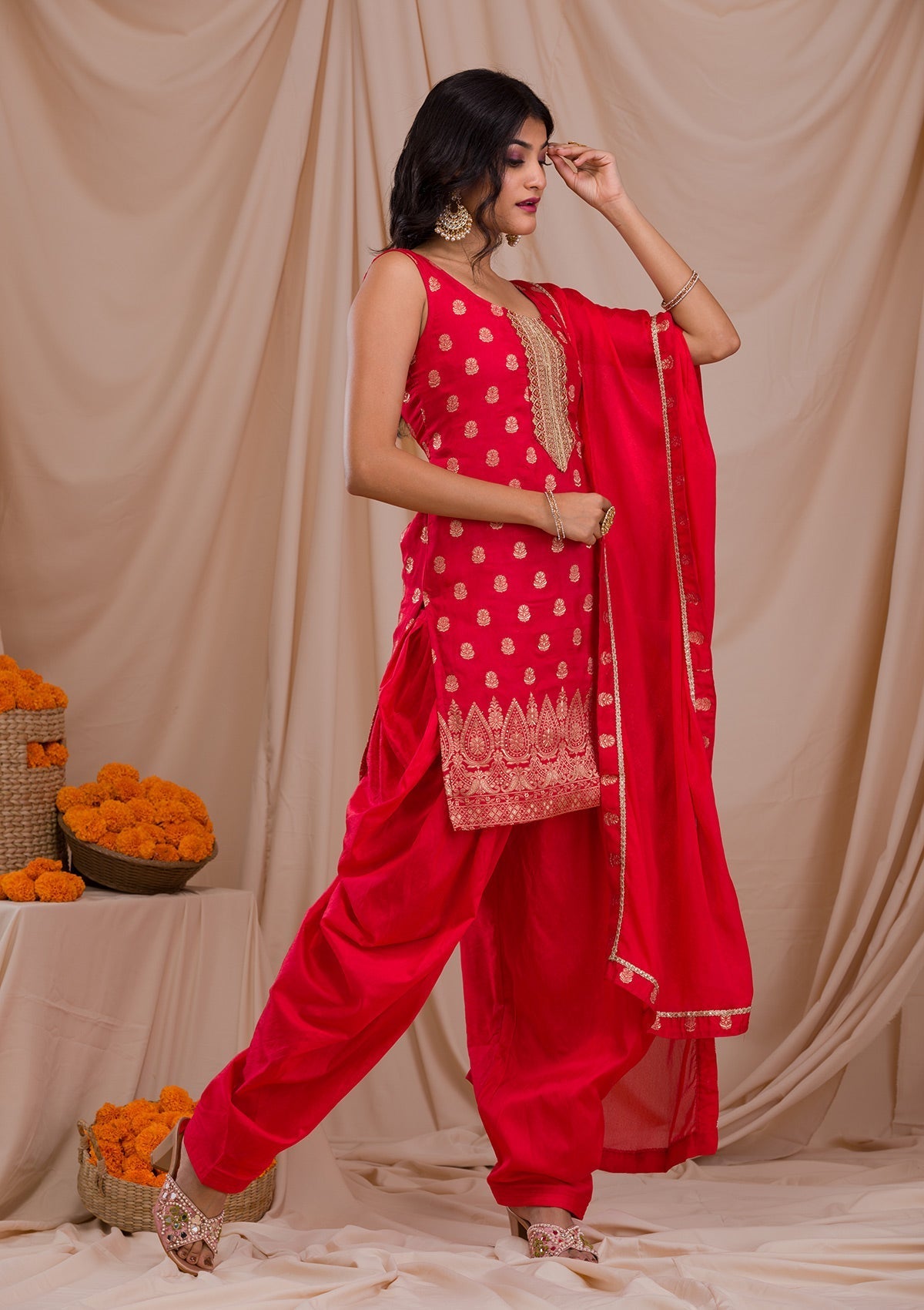 Red Zariwork Banarasi Readymade Salwar Suit