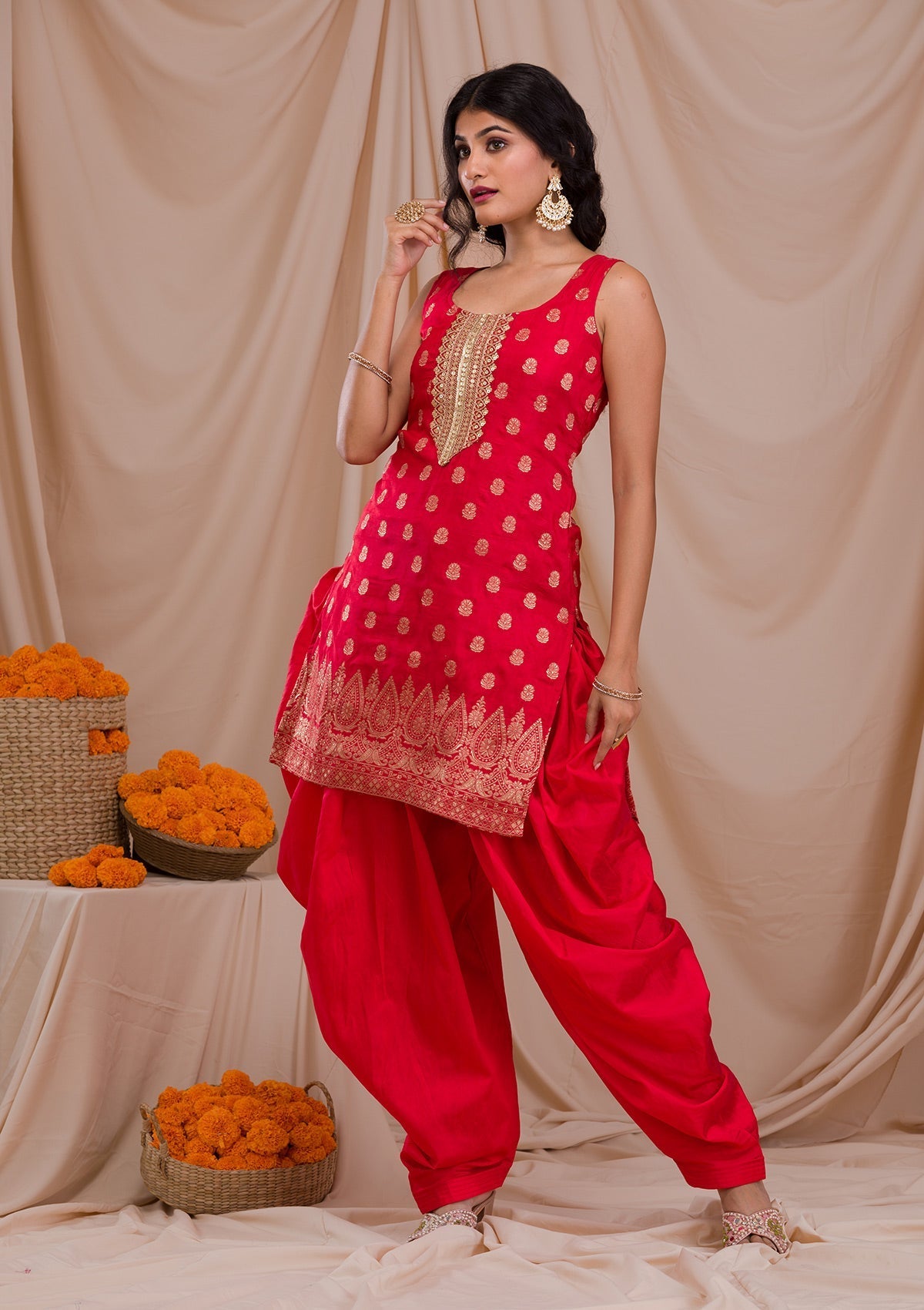 Red Zariwork Banarasi Readymade Salwar Suit