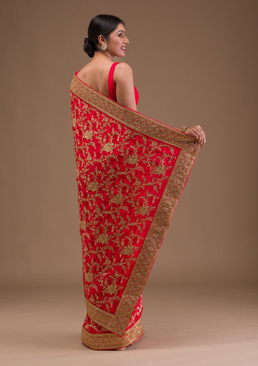 Red Zariwork Crepe Saree