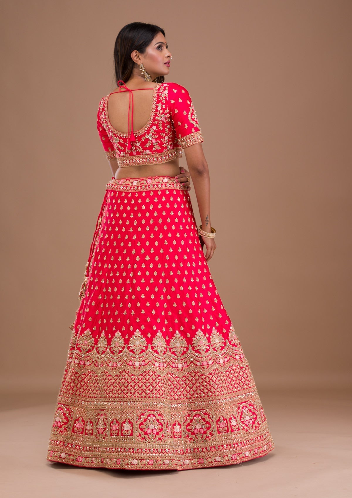 Red Zariwork Raw Silk Readymade Lehenga