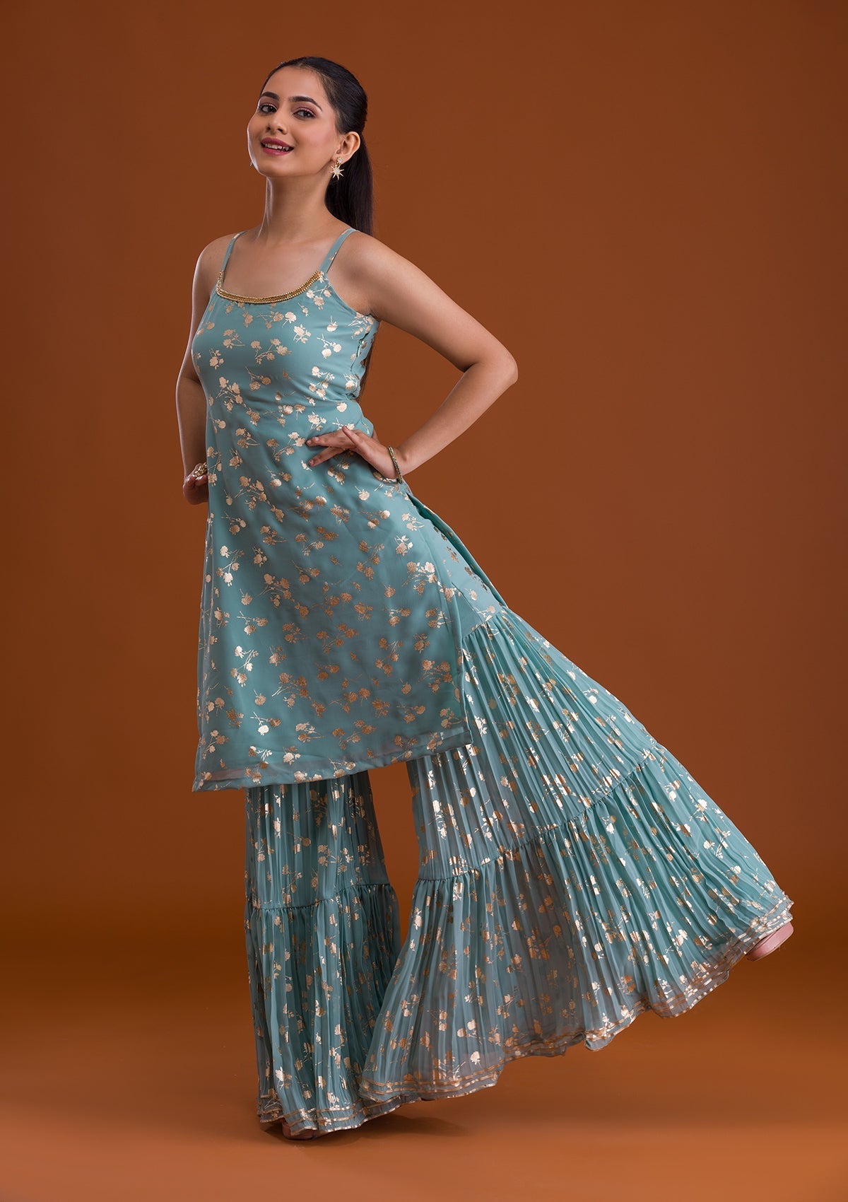 Sea Green Print Georgette Designer Sharara Suit