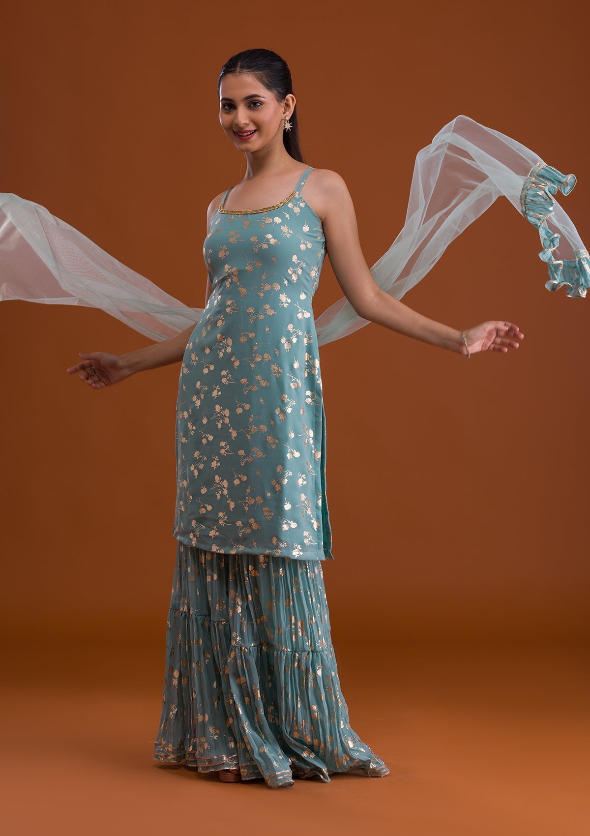 Sea Green Print Georgette Designer Sharara Suit