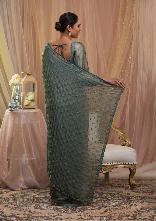 Sea Green Stonework Crepe Designer Saree