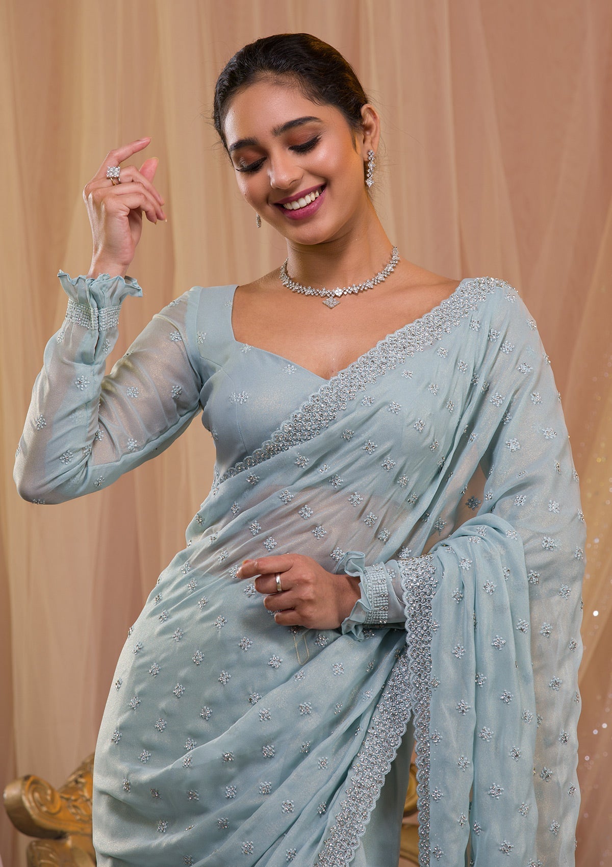 Sky Blue Stonework Georgette Designer Saree