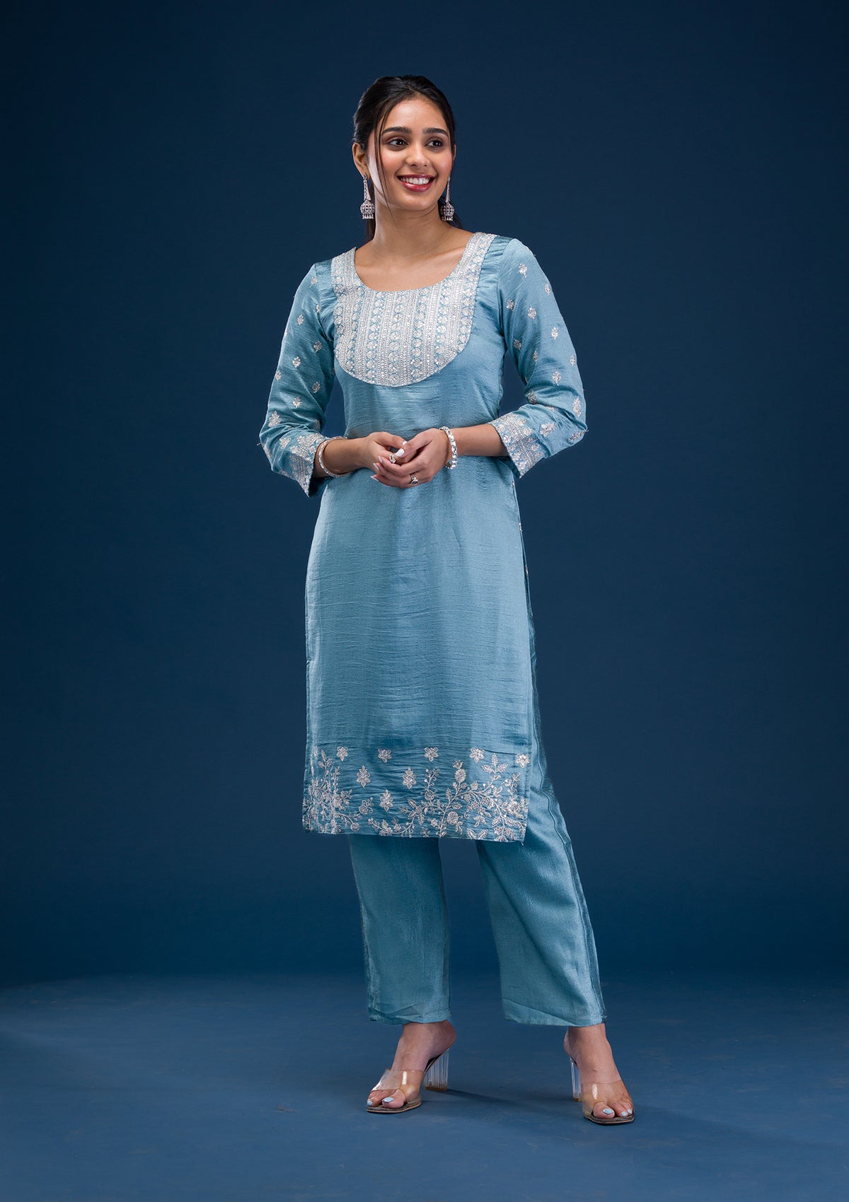 Sky Blue Zariwork Art Silk Readymade Salwar Suit